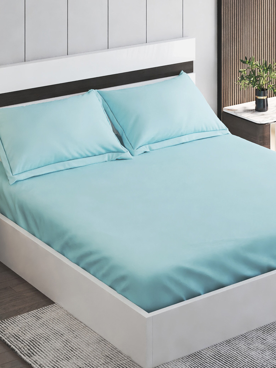 

Home Centre Colour Refresh Blue 144 TC Cotton Fitted King Bedsheet With 2 Pillow Covers