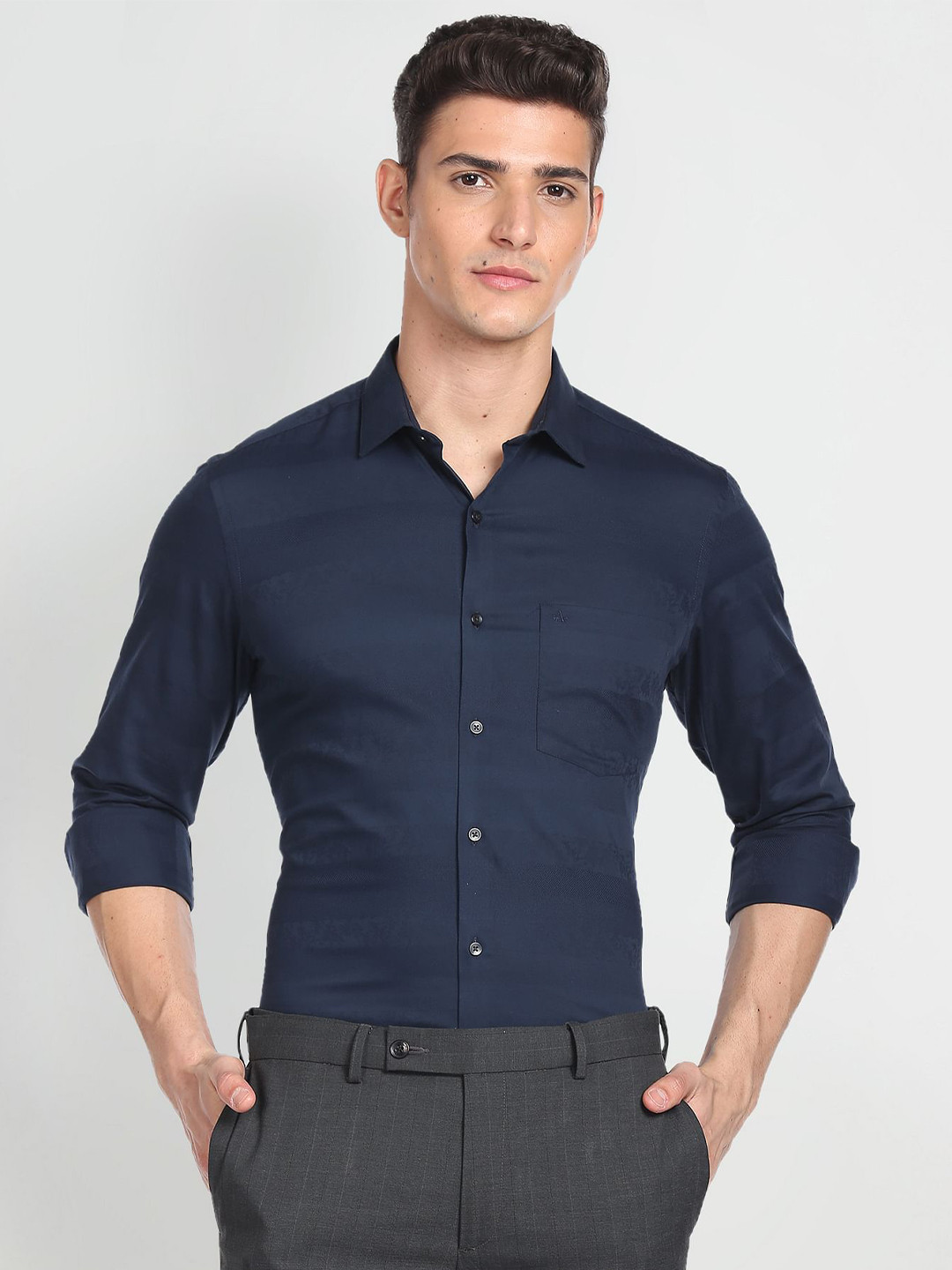 

Arrow Self Design Slim Fit Pure Cotton Formal Shirt, Navy blue