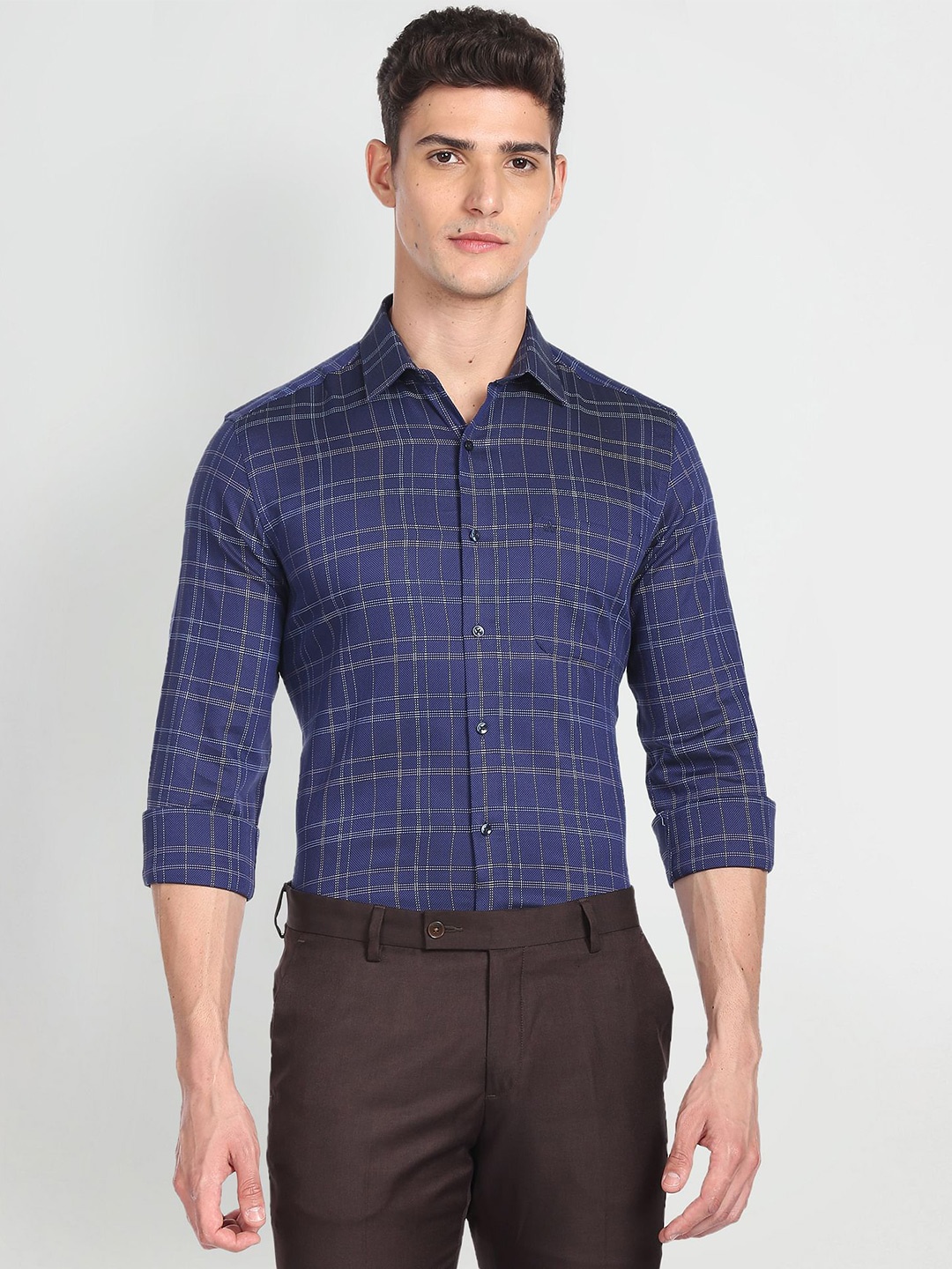 

Arrow Slim Fit Checked Pure Cotton Formal Shirt, Blue