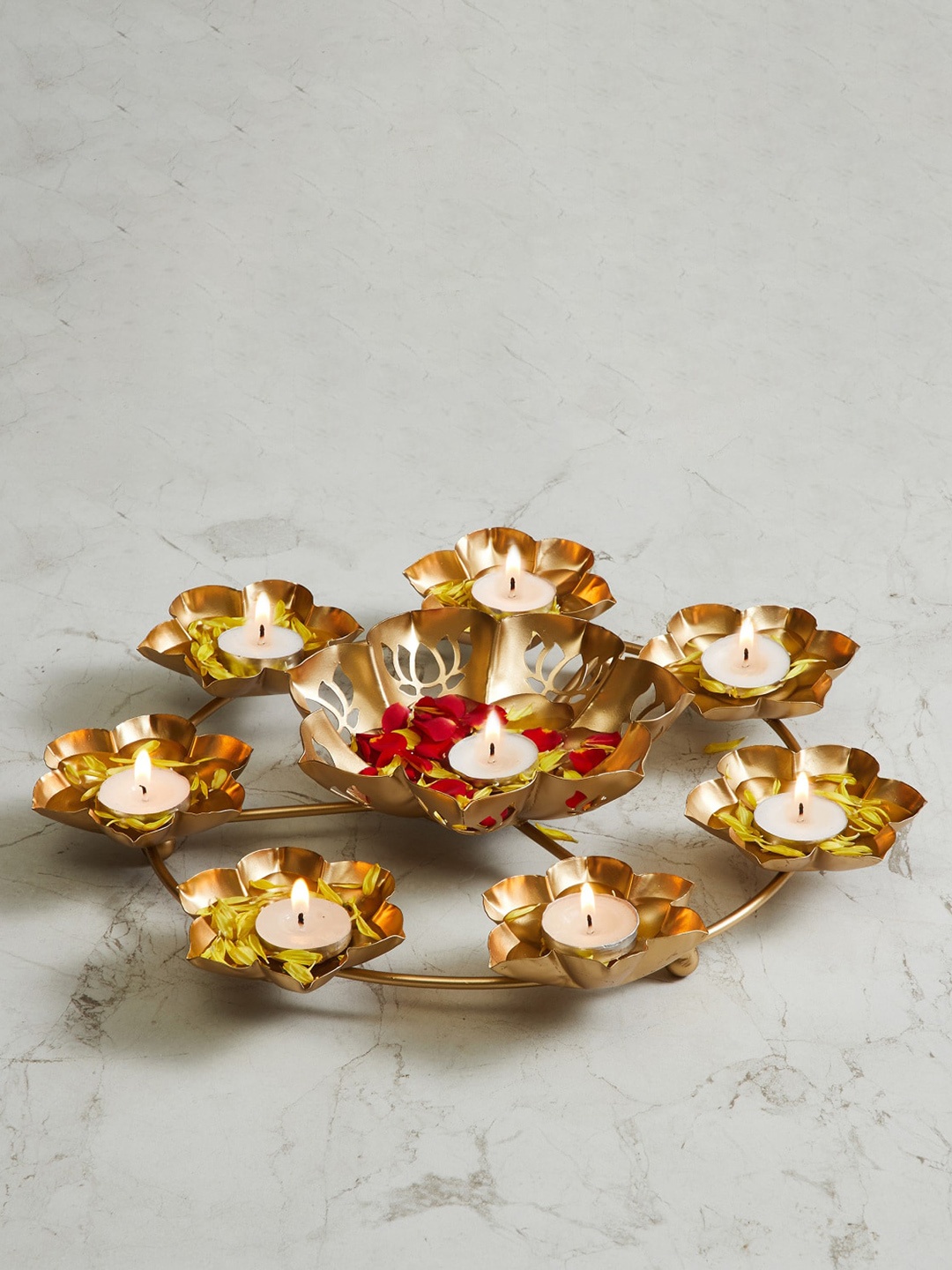

Home Centre Gold-Toned Cut-out Detailed Metal T-Light Candle Holder