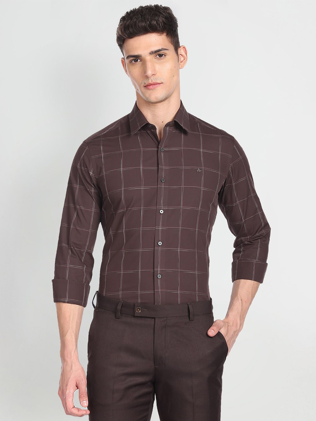 

Arrow New York Slim Fit Grid Tattersall Checks Pure Cotton Formal Shirt, Brown