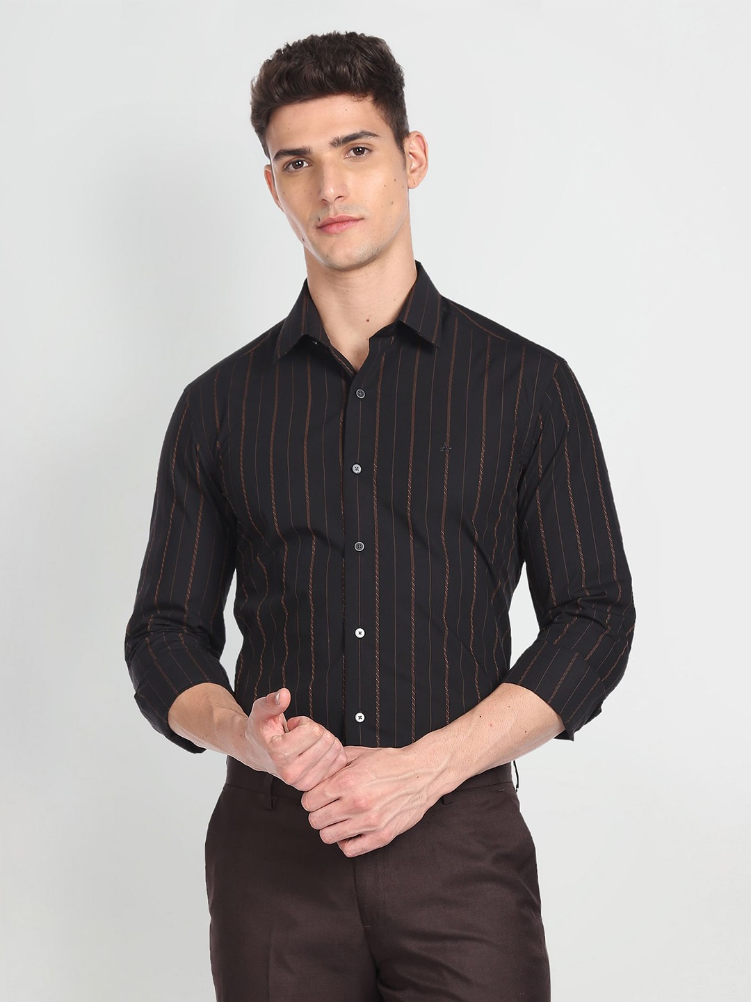 Arrow New York Slim Fit Striped Pure Cotton Formal Shirt, Black