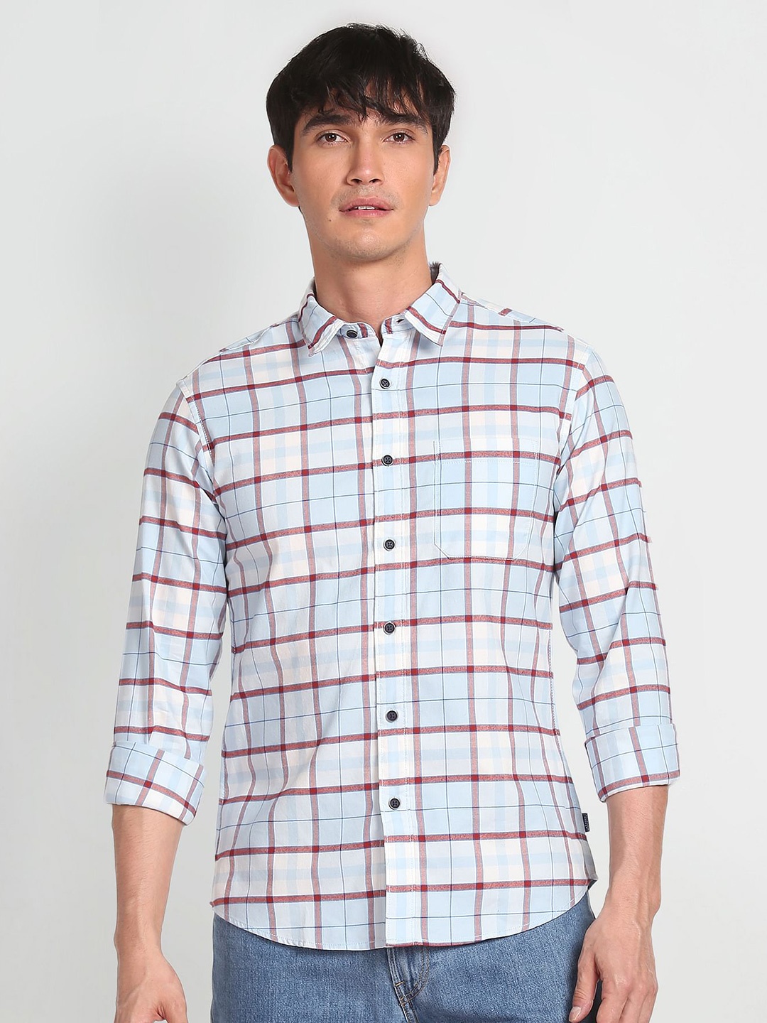 

Flying Machine Spread Collar Tartan Checked Casual Pure Cotton Shirt, Blue
