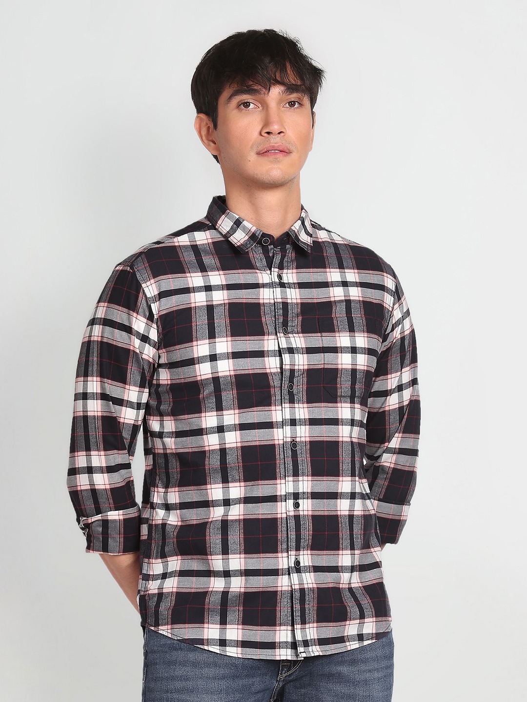 

Flying Machine Spread Collar Tartan Checked Casual Pure Cotton Shirt, Black