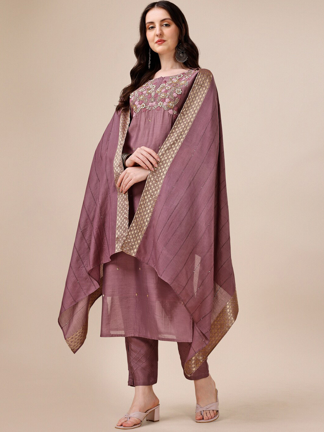 

Berrylicious Floral Embroidered Chanderi Cotton Kurta With Trousers & Dupatta, Mauve