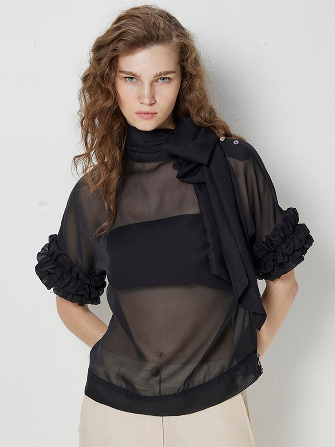 

COVER STORY Black Ruffles High Neck Tie Up Sheer Top