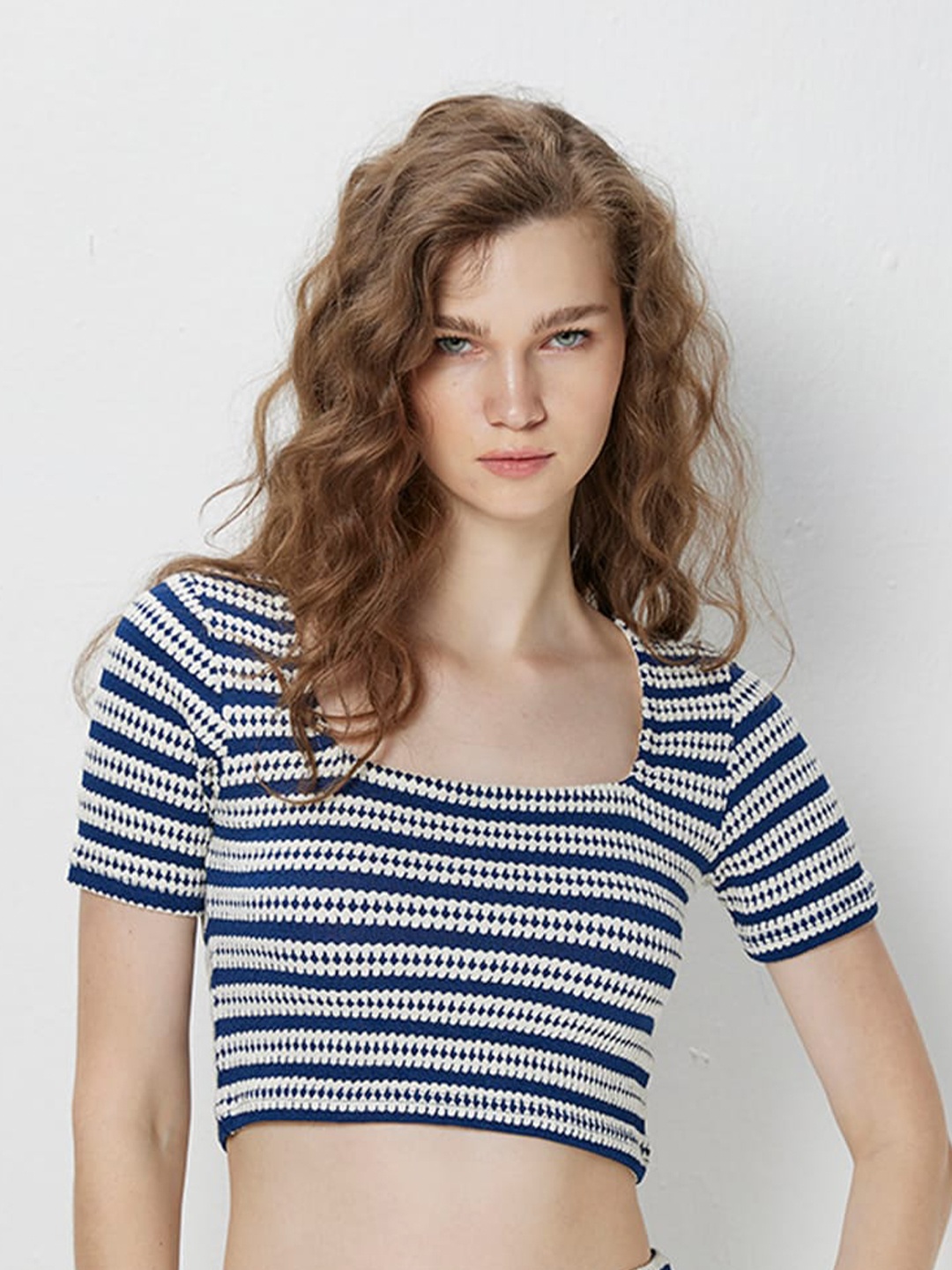 COVER STORY Blue & White Square Neck Self Design Crop Top, Navy blue