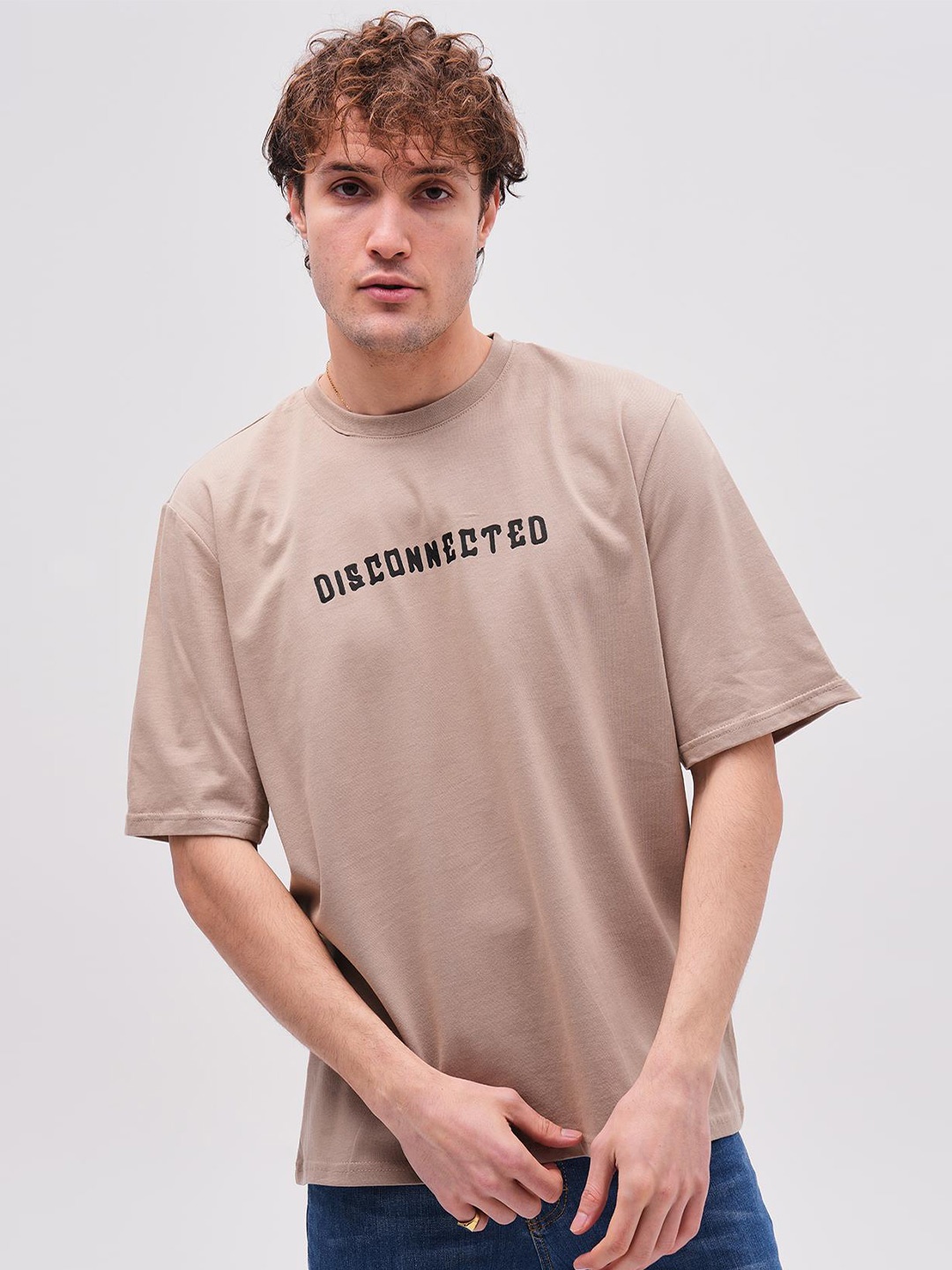 

PRET A TUER Typography Printed Loose Pure Cotton T-shirt, Beige