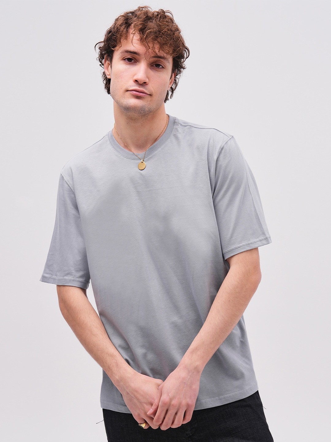 

PRET A TUER Round Neck Pure Cotton Loose T-shirt, Grey