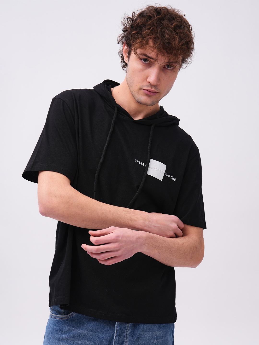 

PRET A TUER Typography Printed Hooded Pure Cotton T-shirt, Black