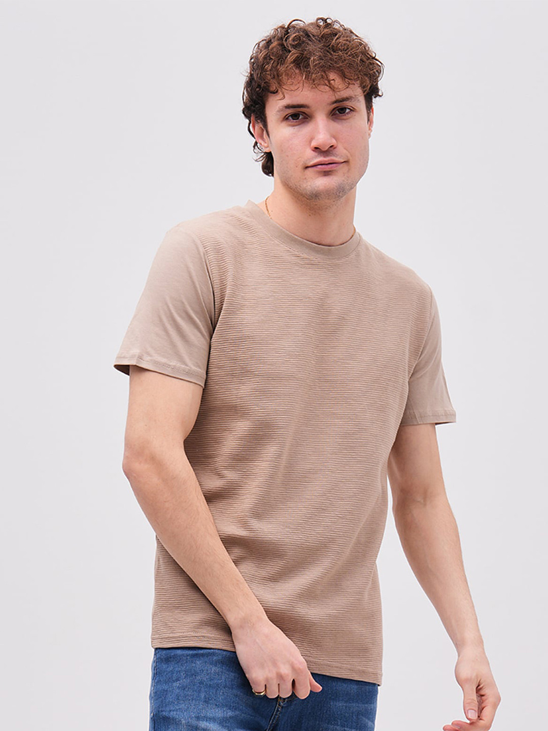 

PRET A TUER John Borners Round Neck Short Sleeves Pure Cotton T-shirt, Beige