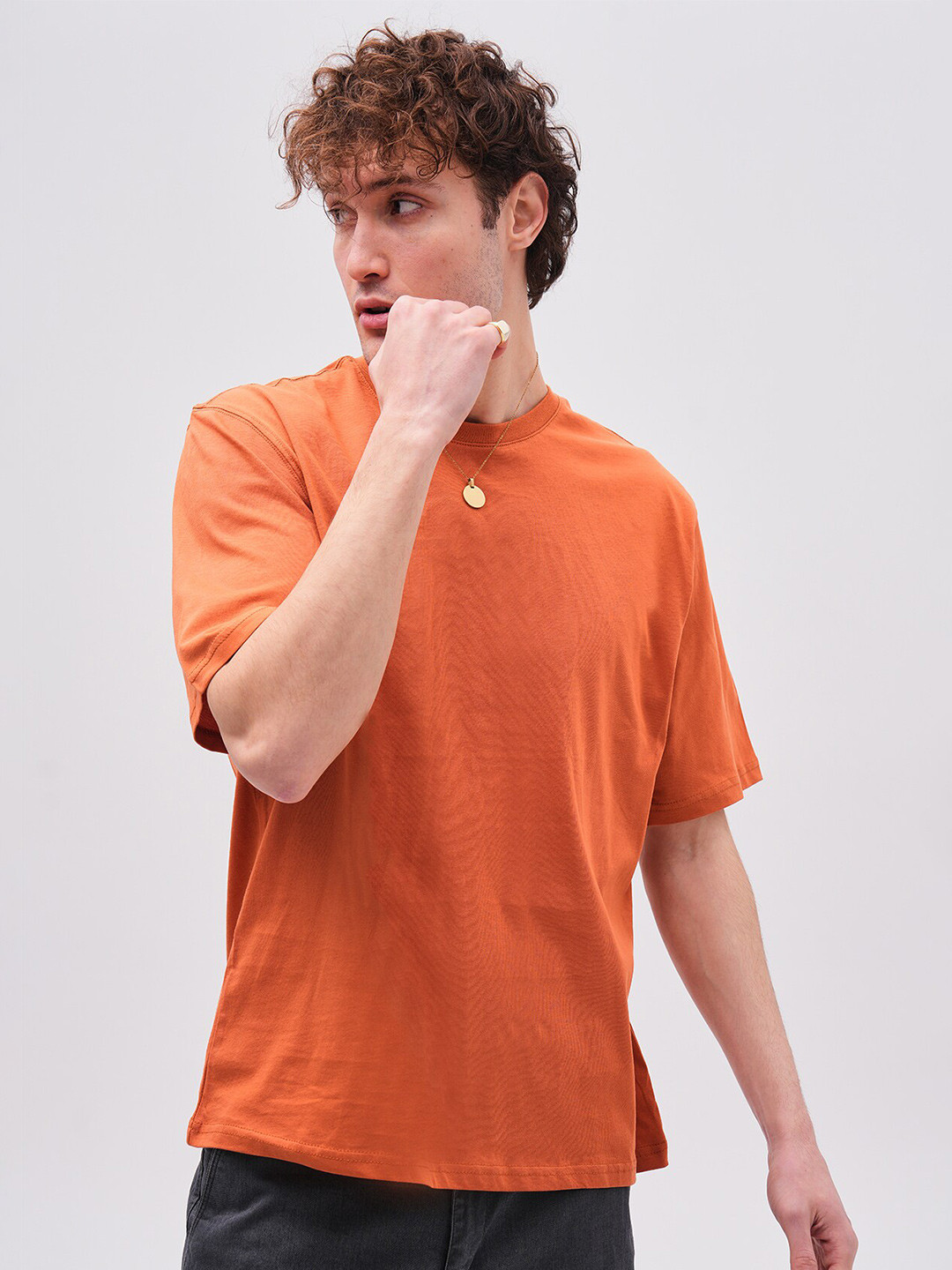 

PRET A TUER Round Neck Pure Cotton Loose T-shirt, Brown