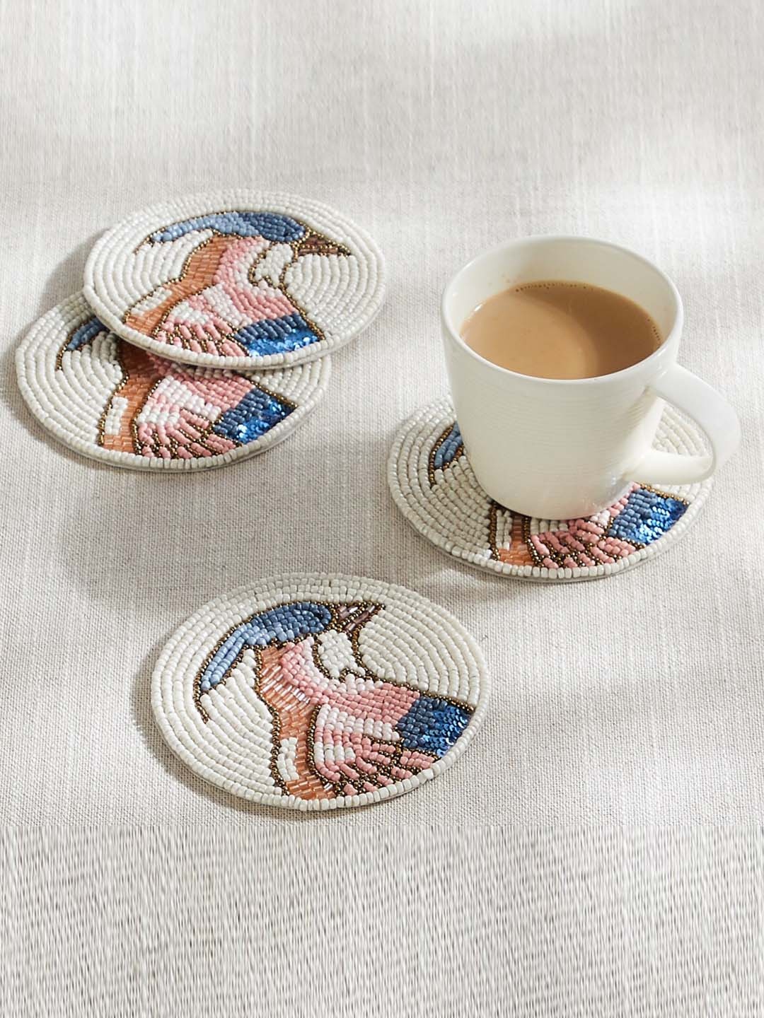 

Home Centre Off White & Blue 4 Pieces Alora Birds of Paradise Designed Beaded Coasters