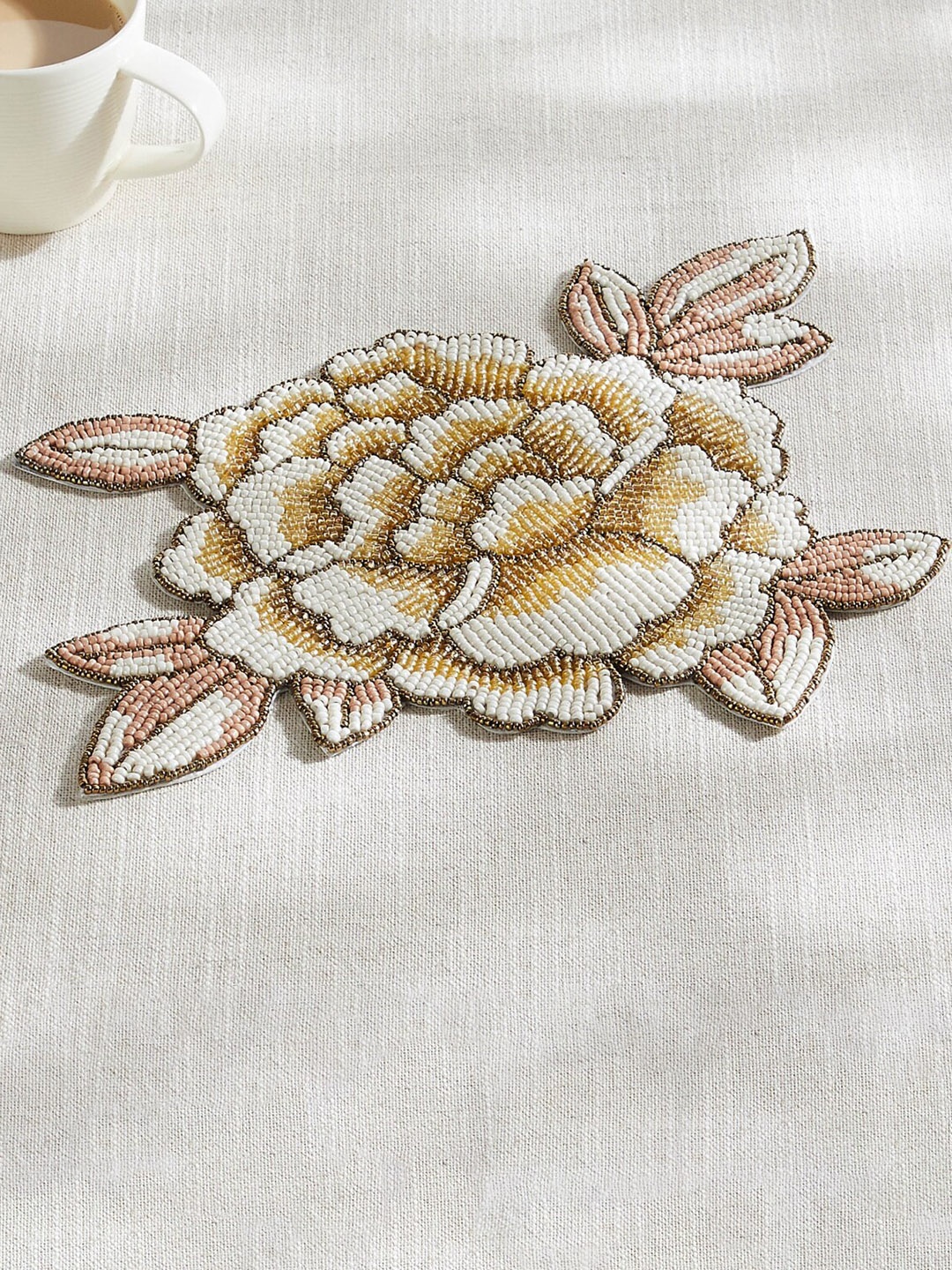 Home Centre Alora Bird Of Paradise Yellow & White Beaded Trivet