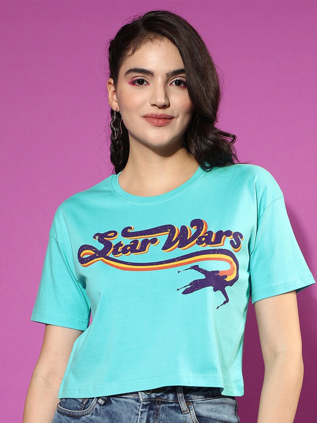 

JUNEBERRY Women Typography Star Wars Printed Cotton Crop Boxy Tshirt, Blue