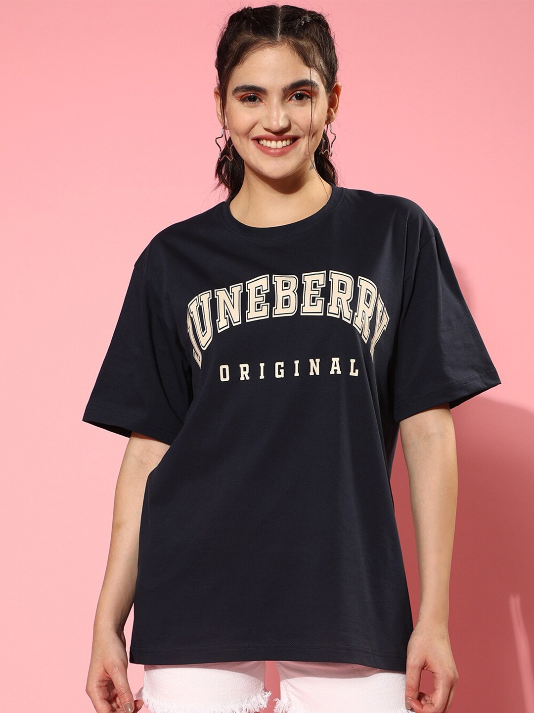 

JUNEBERRY Typography Printed Oversize Fit Cotton T-shirt, Black