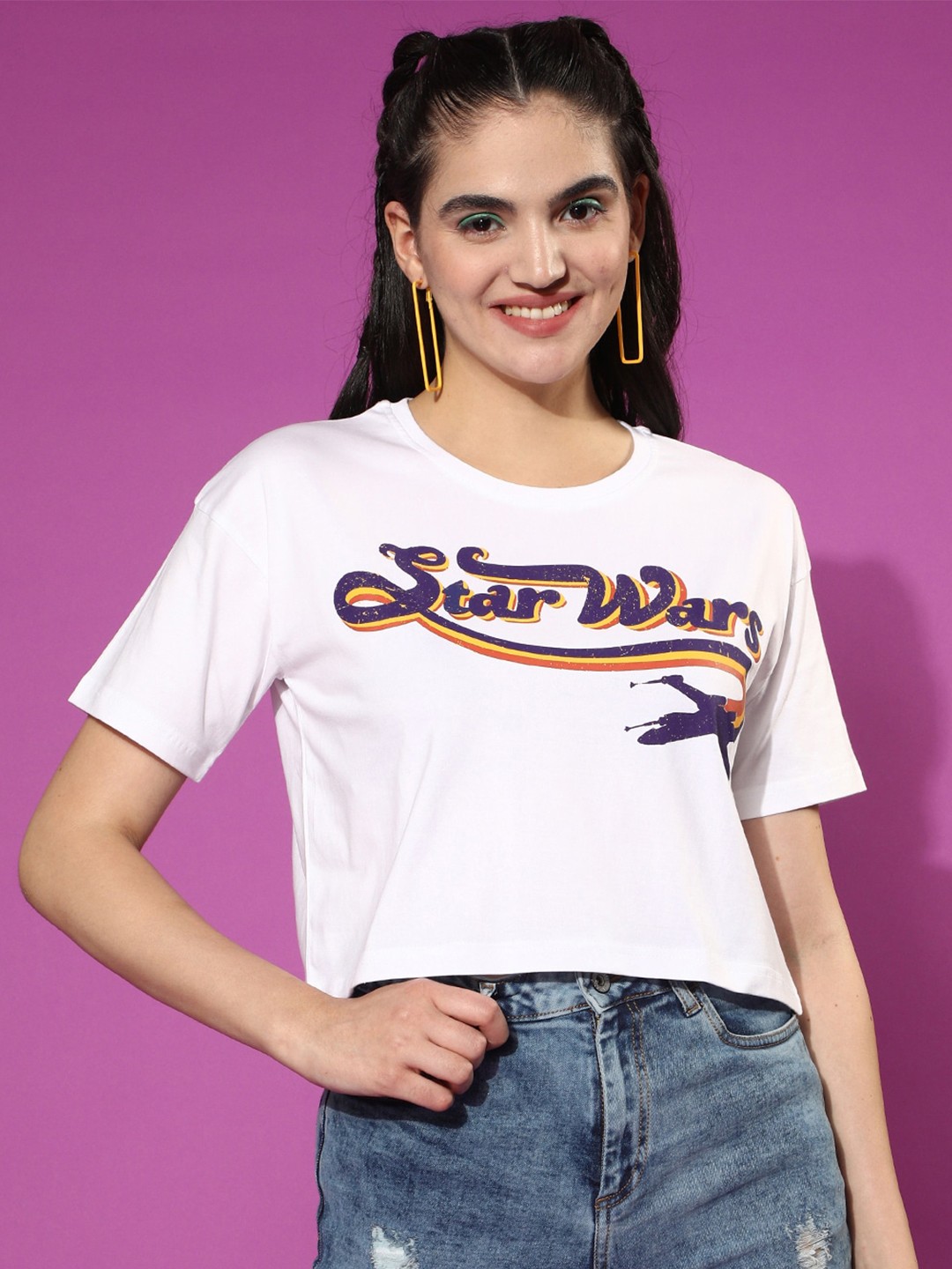 

JUNEBERRY Women Typography Star Wars Printed Cotton Crop Boxy Tshirt, White