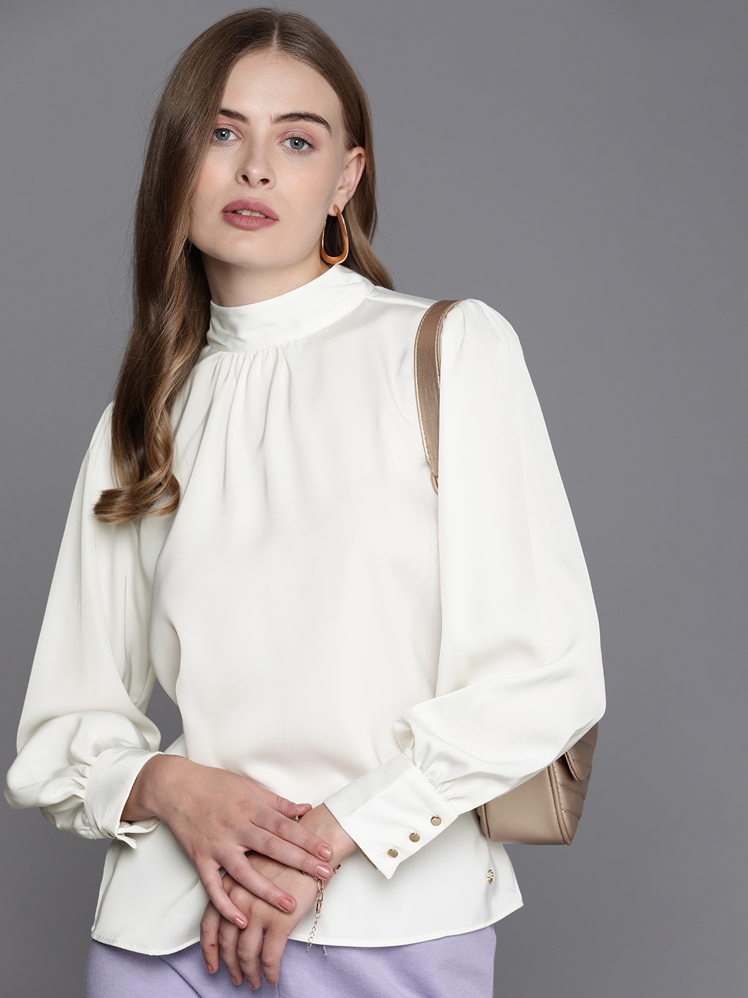 

Allen Solly Woman High Neck Gathered Detail Cuffed Sleeves Regular Top, White
