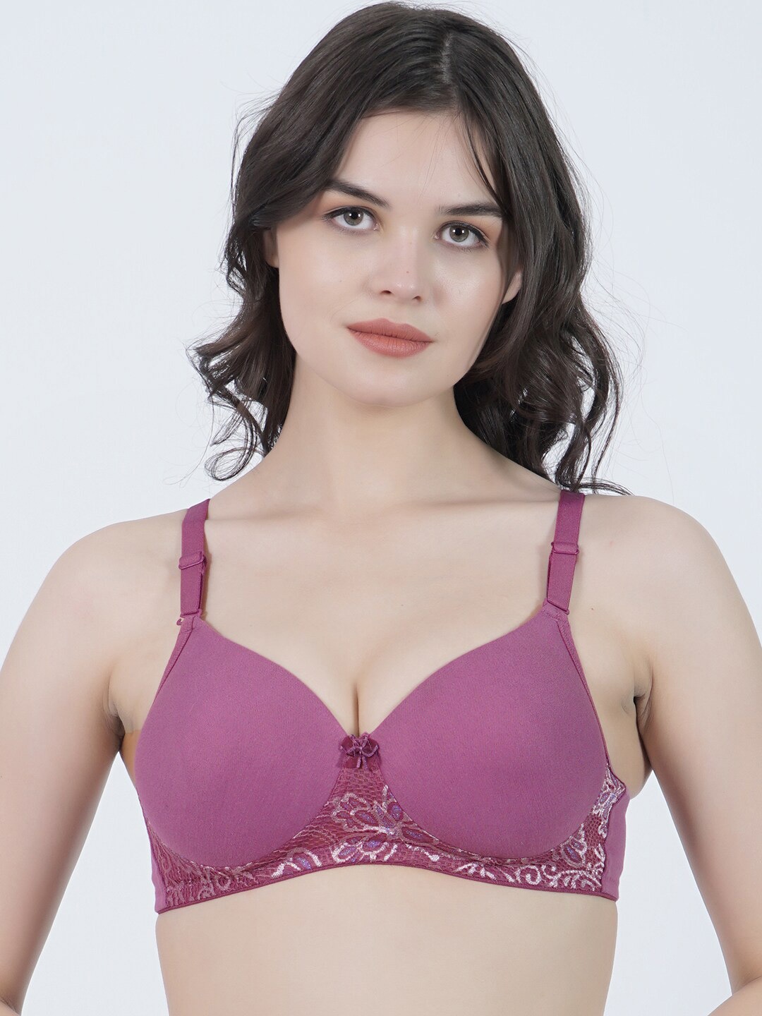 

LADYLAND Lace Full Coverage Lightly Padded All Day Comfort Seamless Cotton T-shirt Bra, Purple