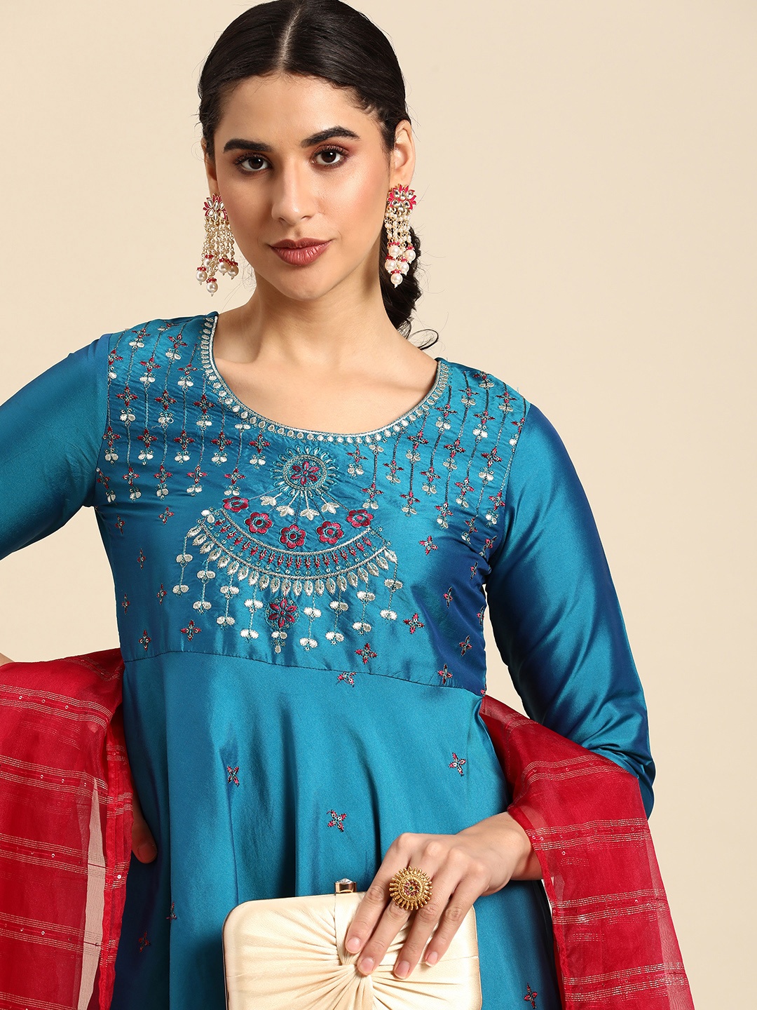 

all about you Tafeta Embroidered A-Line Maxi Ethnic Dress With Dupatta, Teal
