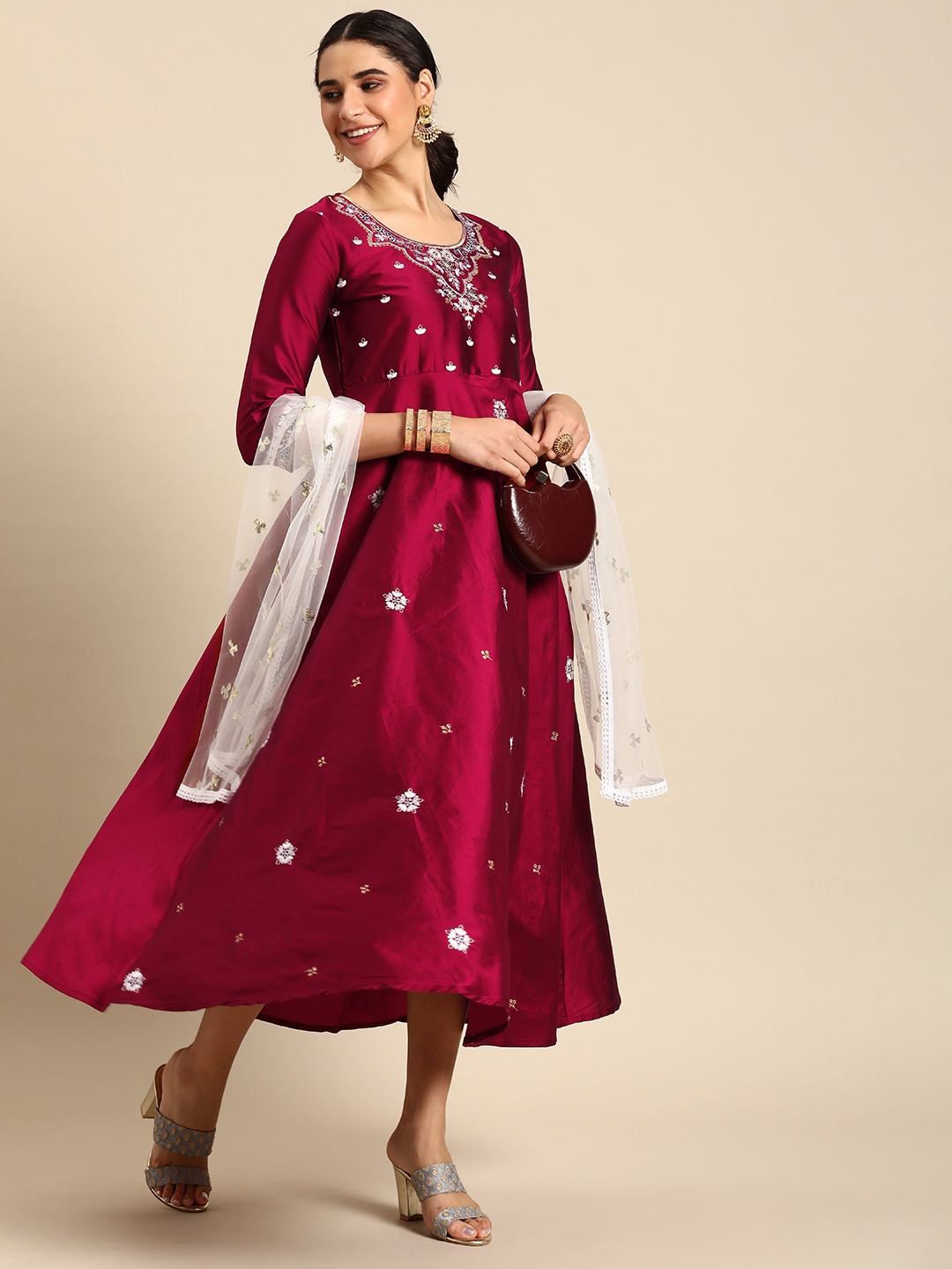 

all about you Tafeta Embroidered A-Line Maxi Ethnic Dress With Dupatta, Maroon