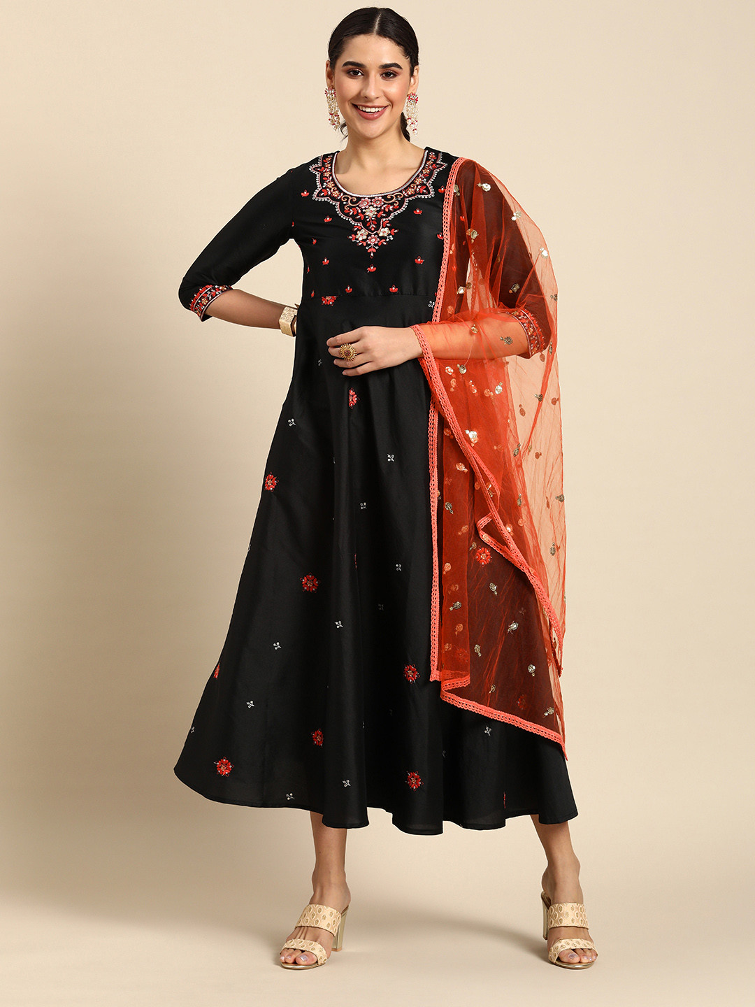 

all about you Tafeta Embroidered A-Line Maxi Ethnic Dress With Dupatta, Black