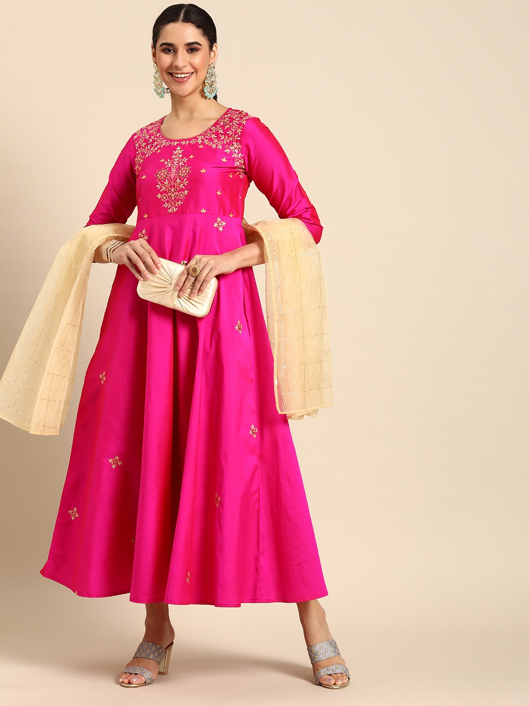 

all about you Tafeta Embroidered A-Line Maxi Ethnic Dress With Dupatta, Fuchsia