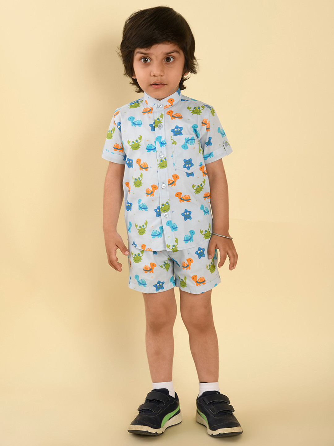 

LIL PITAARA Boys Conversational Printed Pure Cotton Shirt with Shorts, White
