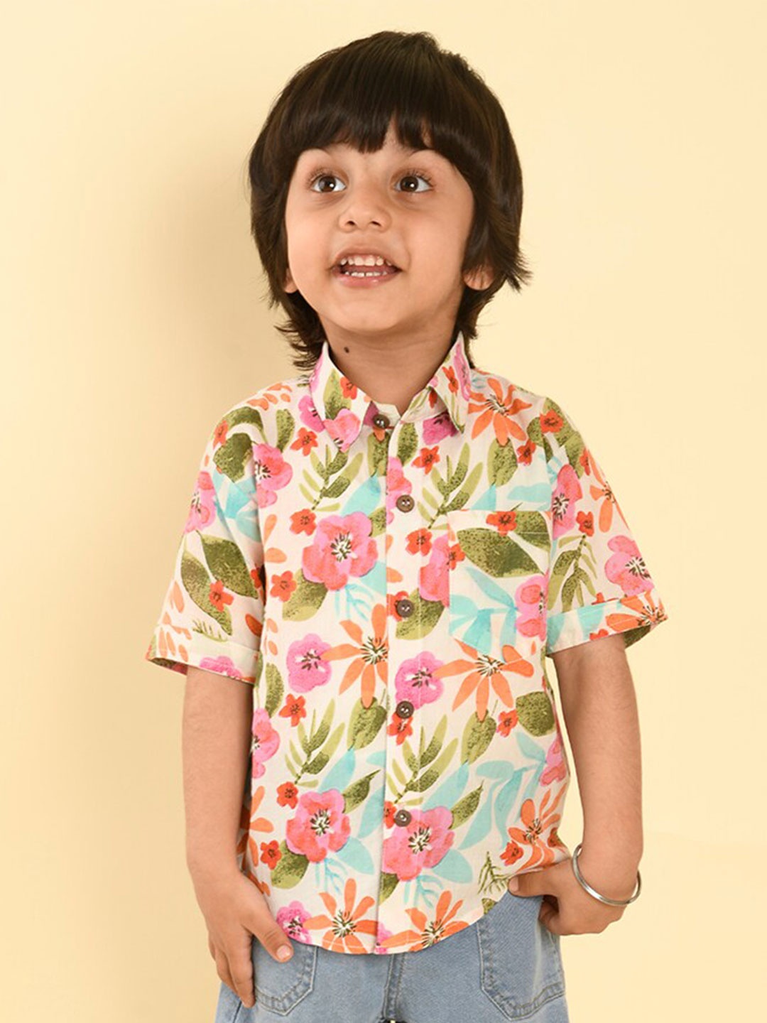

LIL PITAARA Boys Floral Printed Casual Cotton Shirt, Cream
