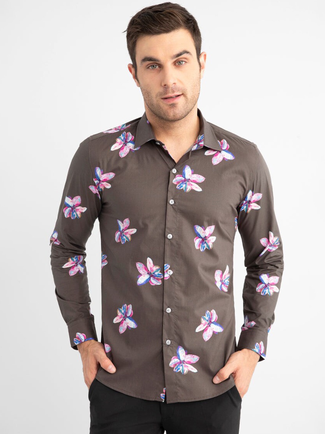 

Snitch Classic Slim Fit Floral Printed Cotton Casual Shirt, Brown