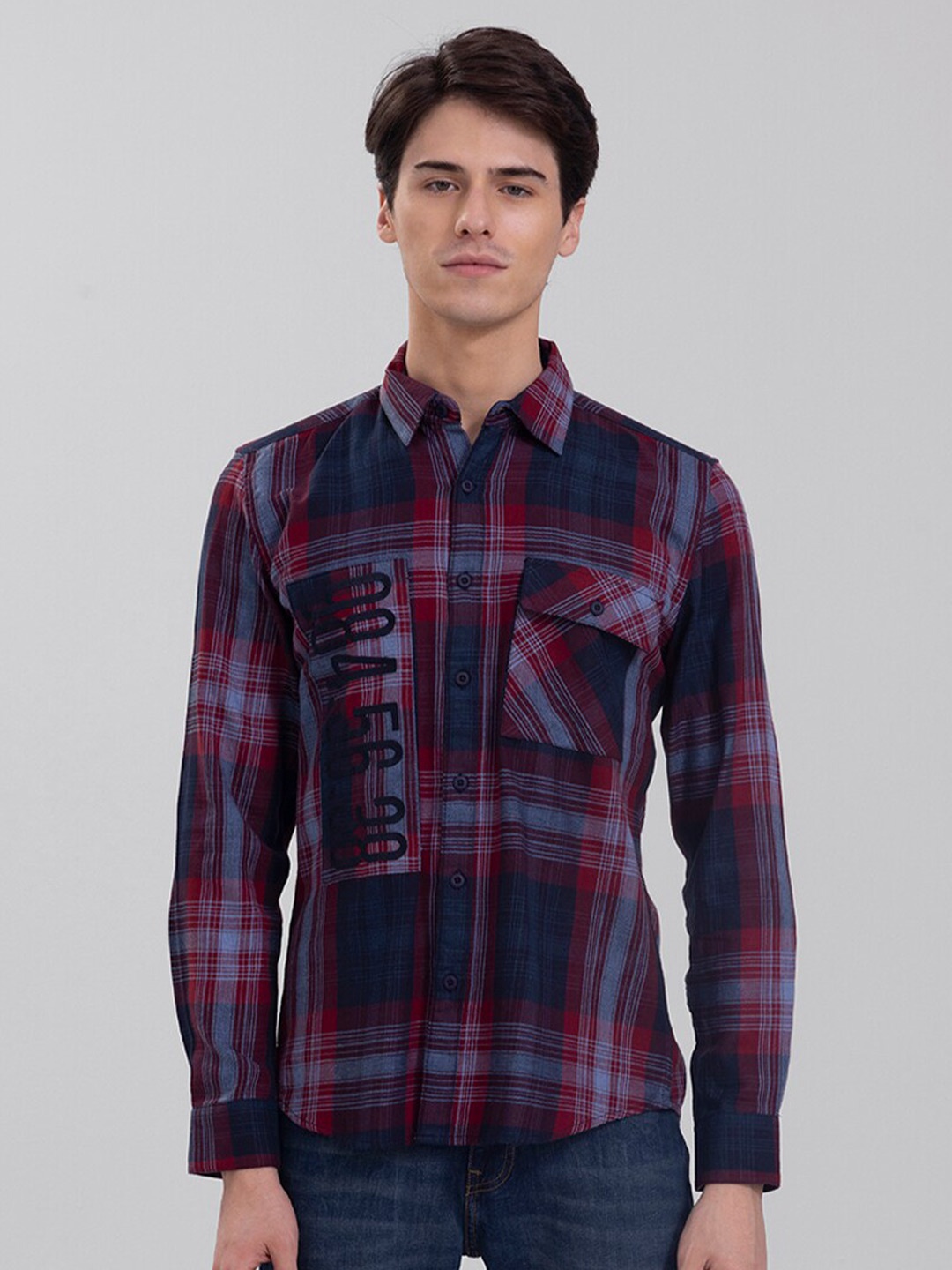 

Snitch Classic Slim Fit Checked Opaque Cotton Casual Shirt, Red