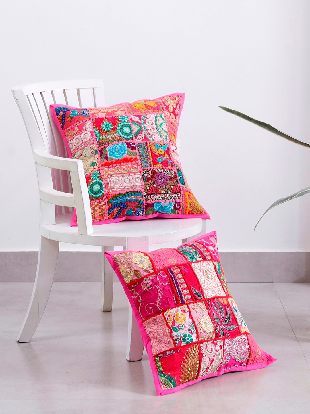 

HANDICRAFT PALACE Pink & White 2-Pieces Embroidered Square Cotton Cushion Covers