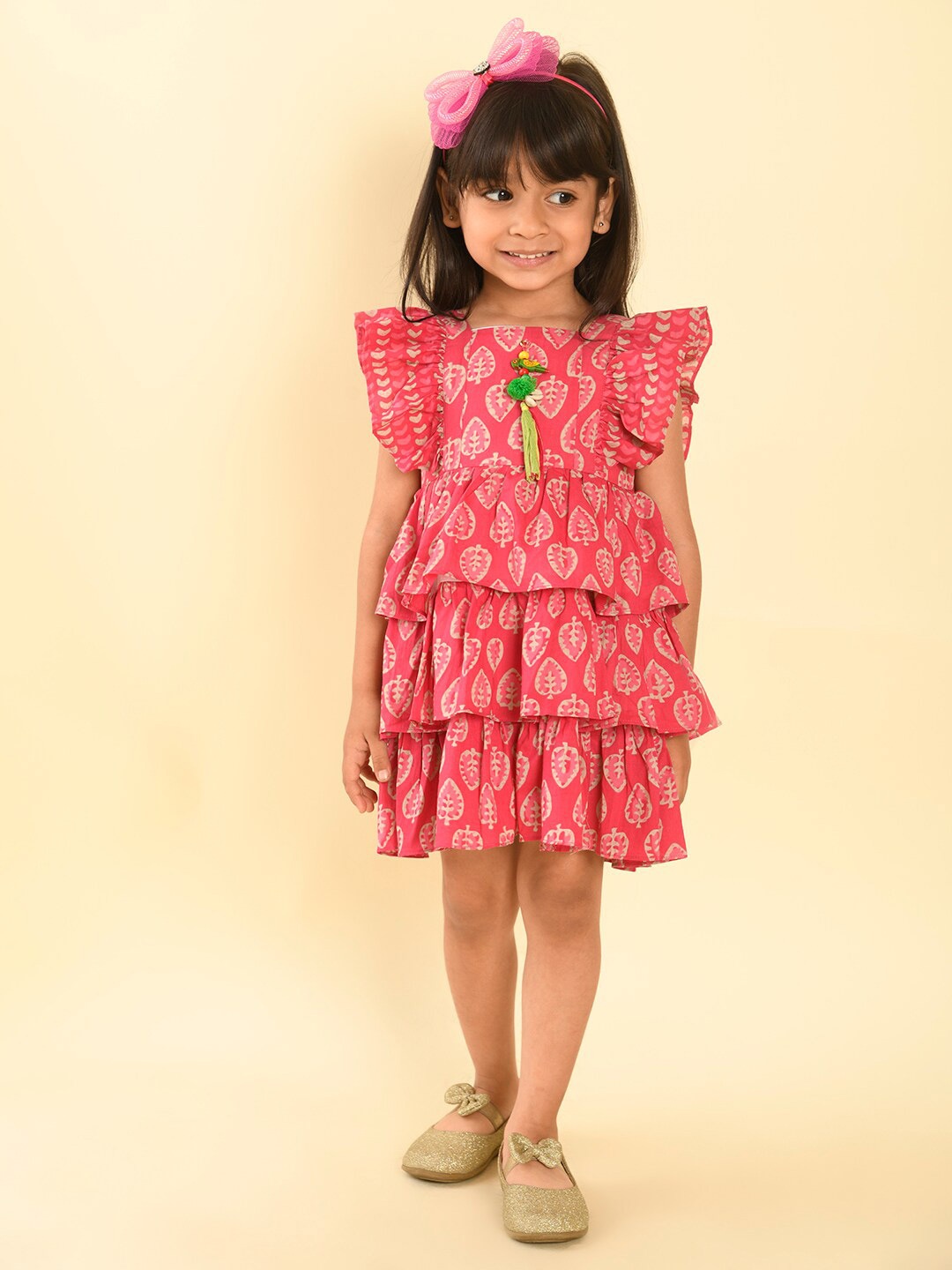LIL PITAARA Girls Floral Printed Layered Cotton Fit & Flare Dress, Pink