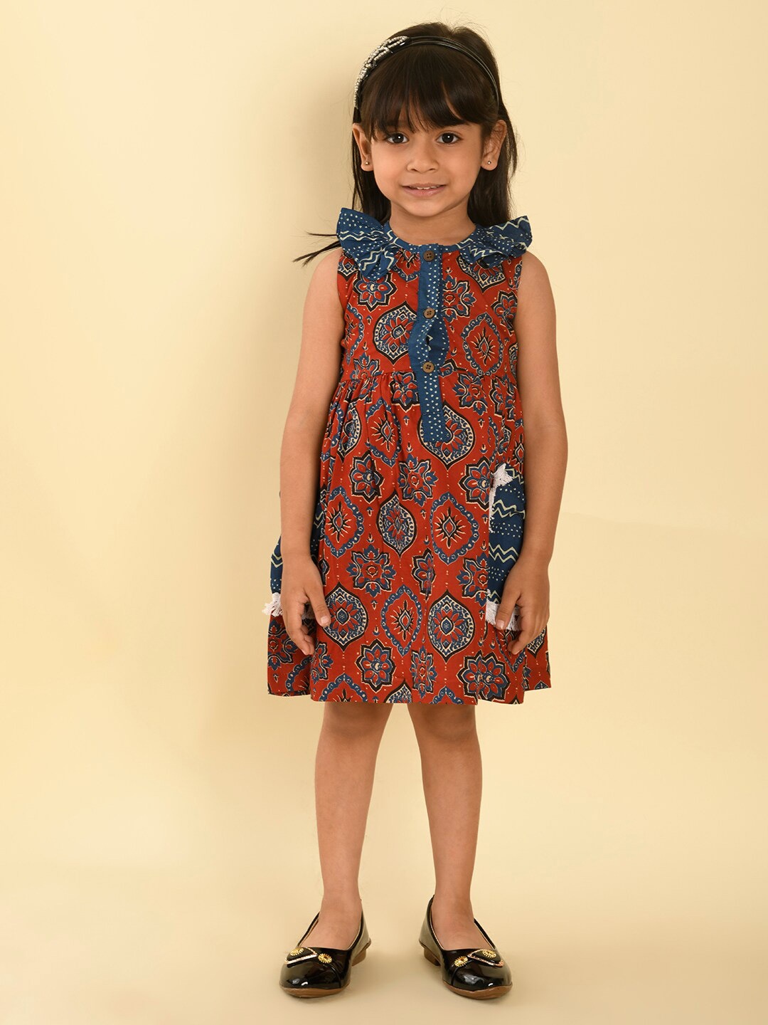 

LIL PITAARA Girls Ethnic Motifs Printed Cotton A-Line Dress, Red