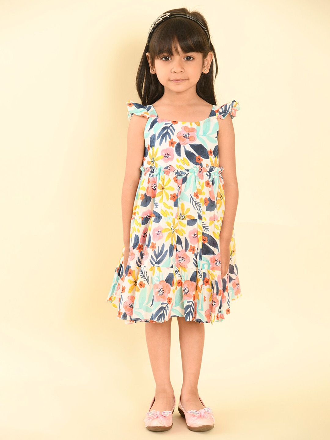 

LIL PITAARA Girls Floral Printed Tiered Cotton A-Line Dress, White