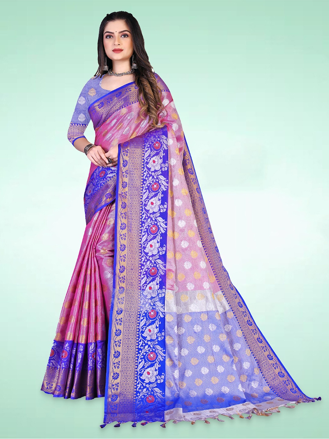 N N ENTERPRISE Ethnic Motifs Woven Design Zari Kanjeevaram Saree, Pink