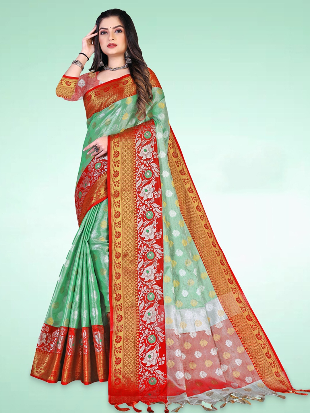 

N N ENTERPRISE Ethnic Motifs Woven Design Zari Kanjeevaram Saree, Green