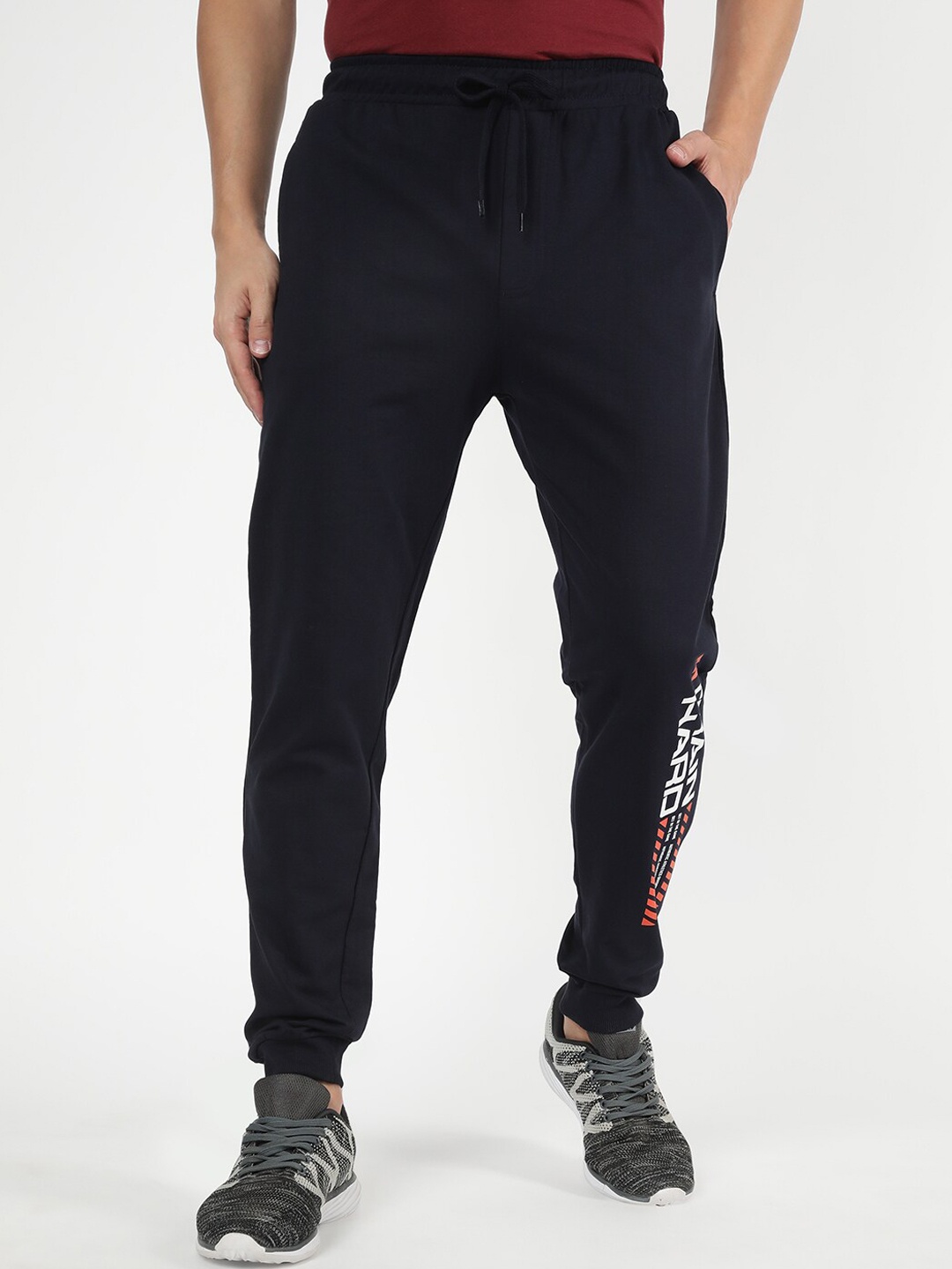 

R&B Men Typography Printed Cotton Sports Joggers, Navy blue