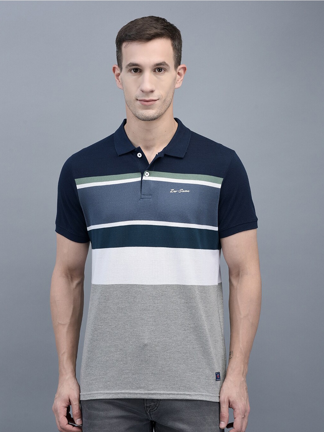 

COBB Striped Polo Collar Regular Fit Cotton T-shirt, Blue
