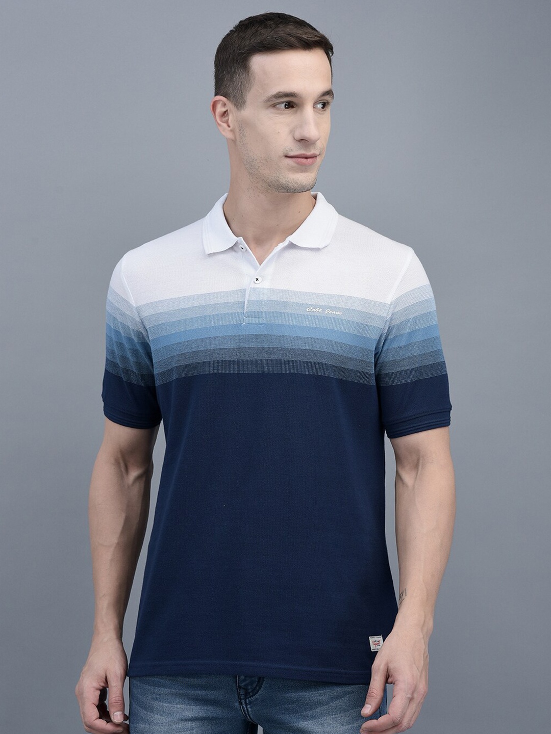 

COBB Colourblocked Polo Collar Regular Fit Cotton T-shirt, Blue