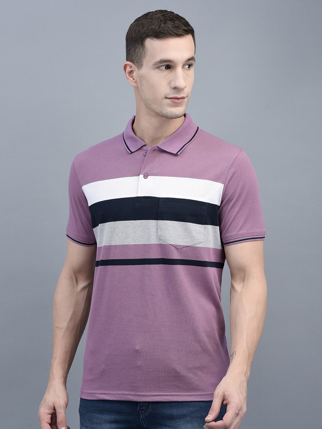 

COBB Striped Polo Collar Casual Cotton T-shirt, Purple