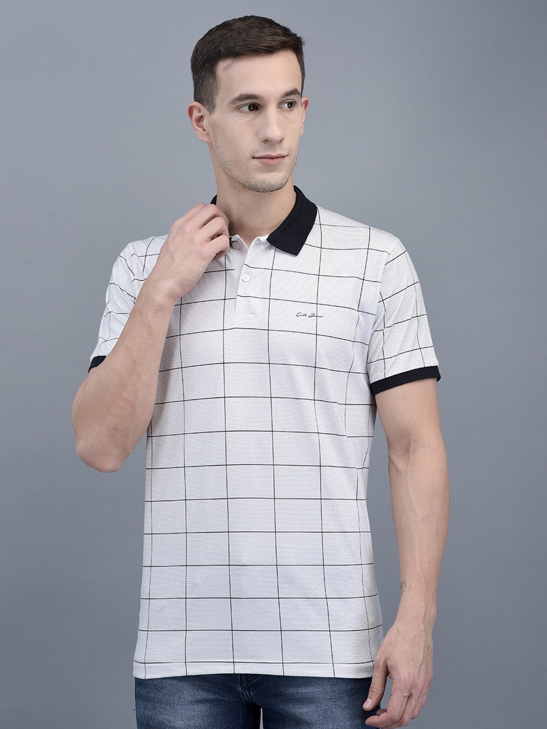 

COBB Checked Polo Collar Cotton Casual T-Shirt, White