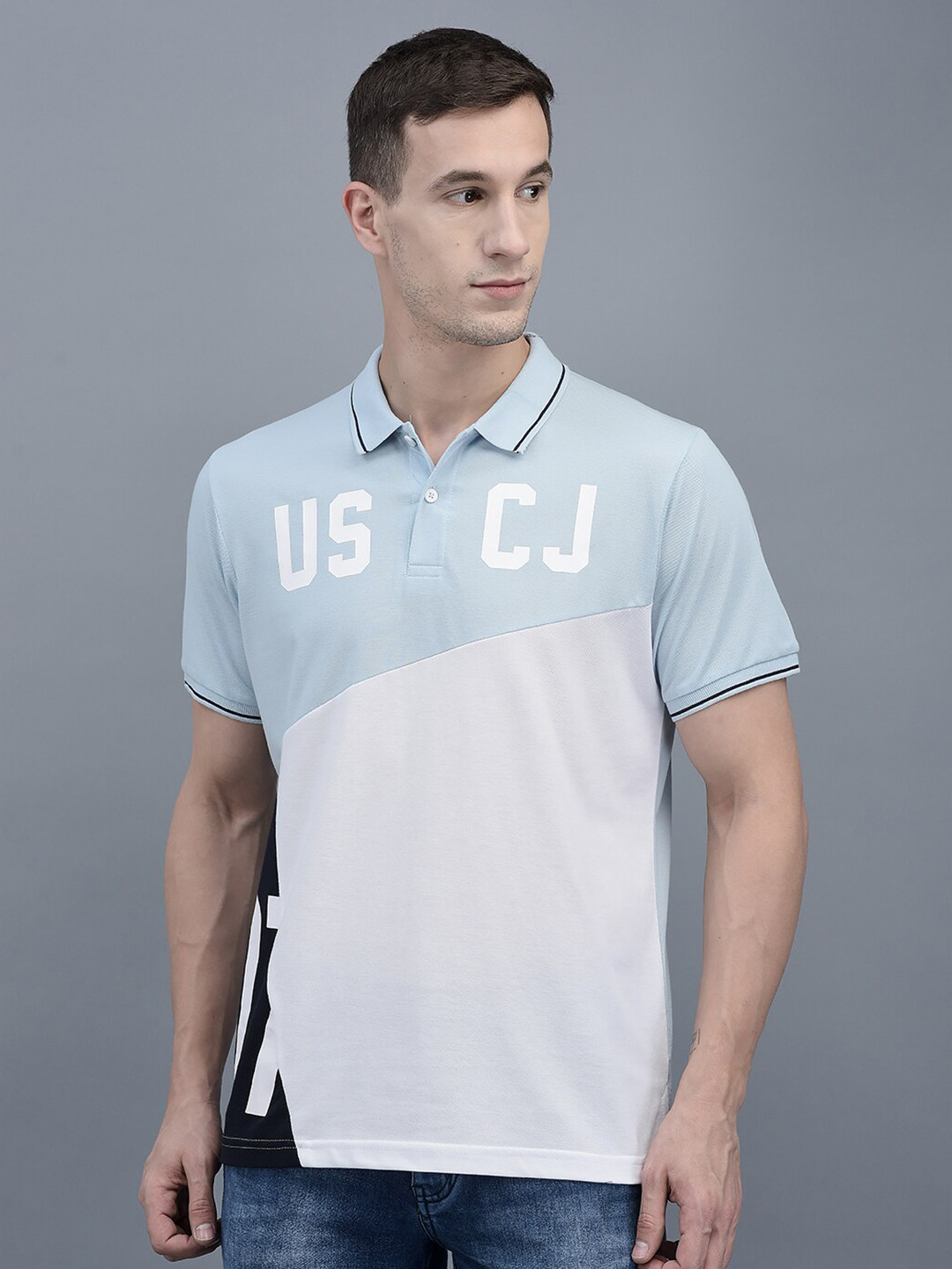

COBB Colourblocked Polo Collar Cotton Casual T-Shirt, Blue