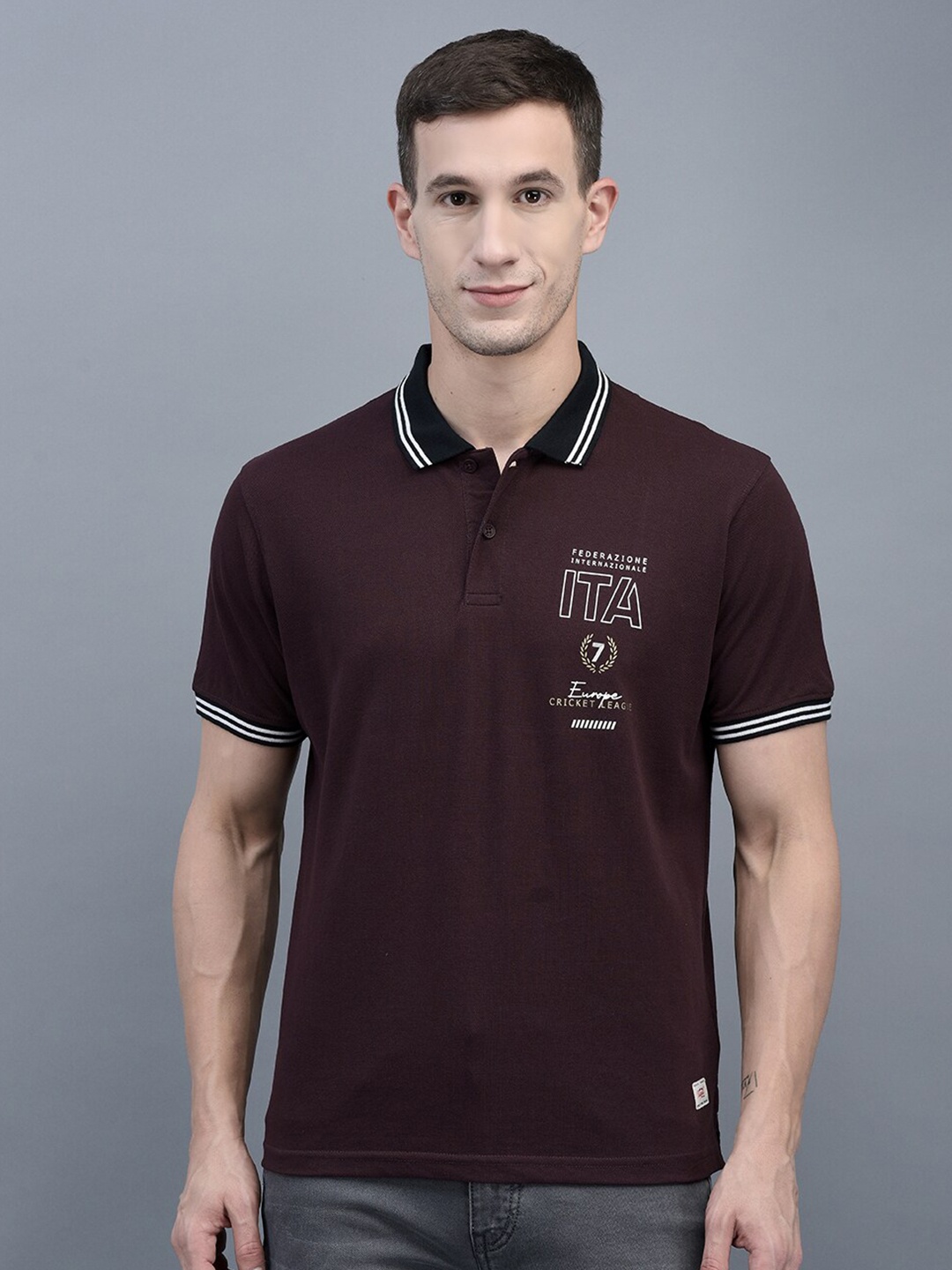 

COBB Typography Printed Polo Collar Regular Fit Cotton T-shirt, Burgundy
