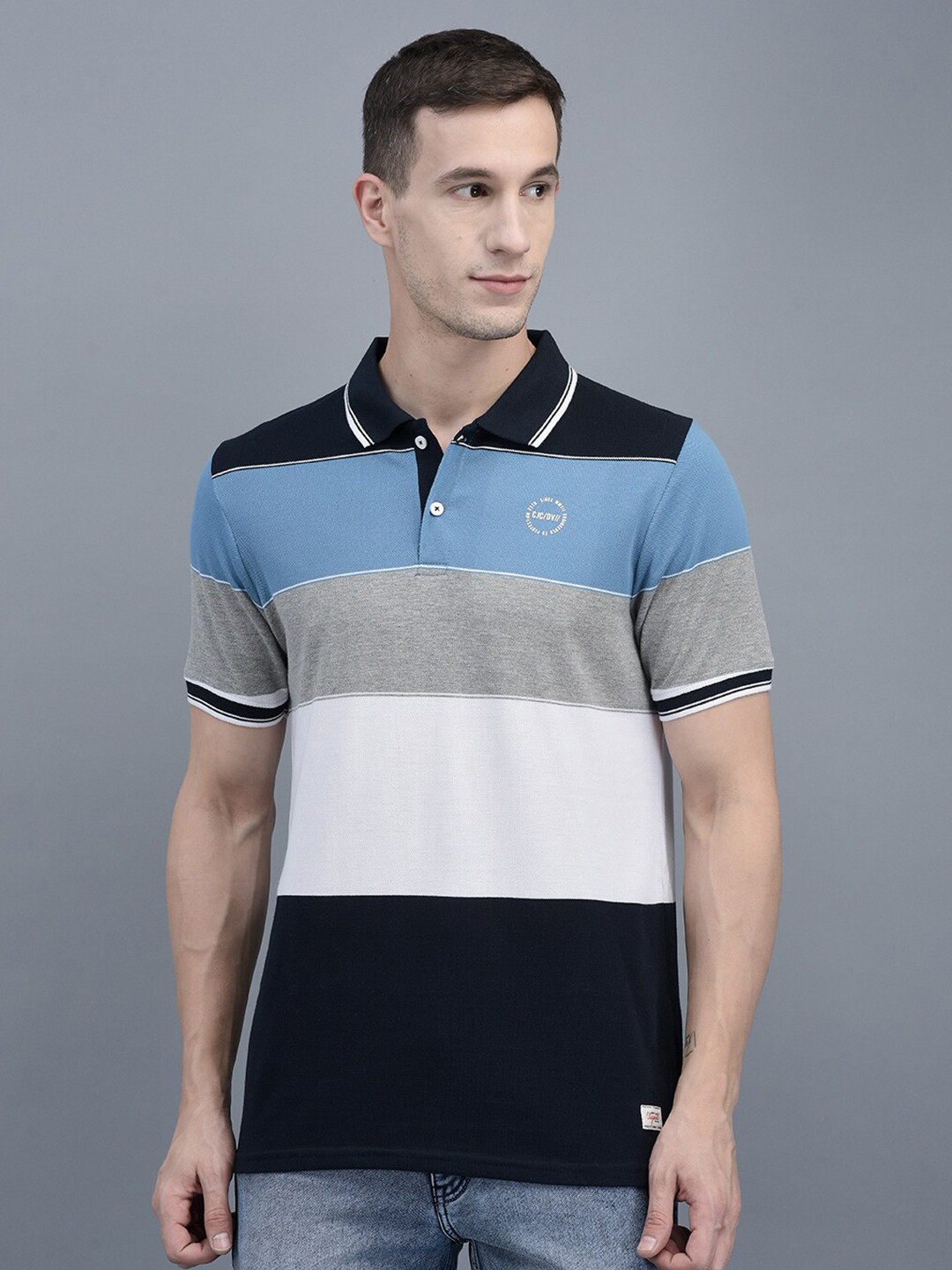 

COBB Colourblocked Polo Collar Regular Fit Cotton T-shirt, Blue