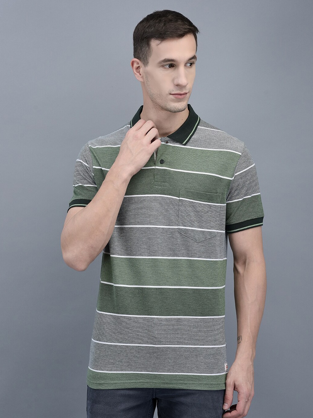 

COBB Striped Polo Collar Regular Fit Cotton T-shirt, Green