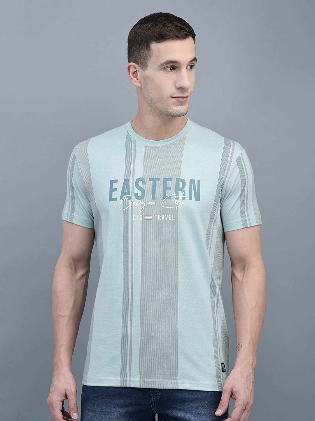 

COBB Striped Round Neck Cotton Casual T-Shirt, Green