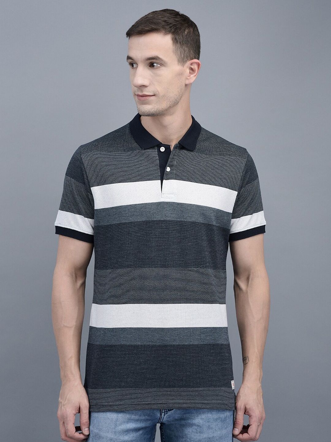 

COBB Striped Polo Collar Regular Fit Cotton T-shirt, Blue