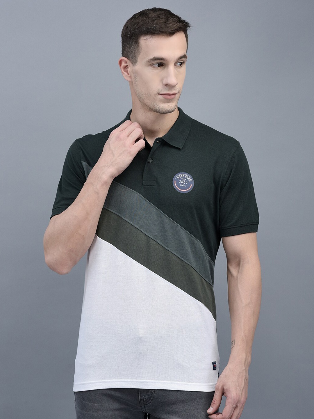 COBB Colourblocked Polo Collar Regular Fit Cotton T-shirt, Olive