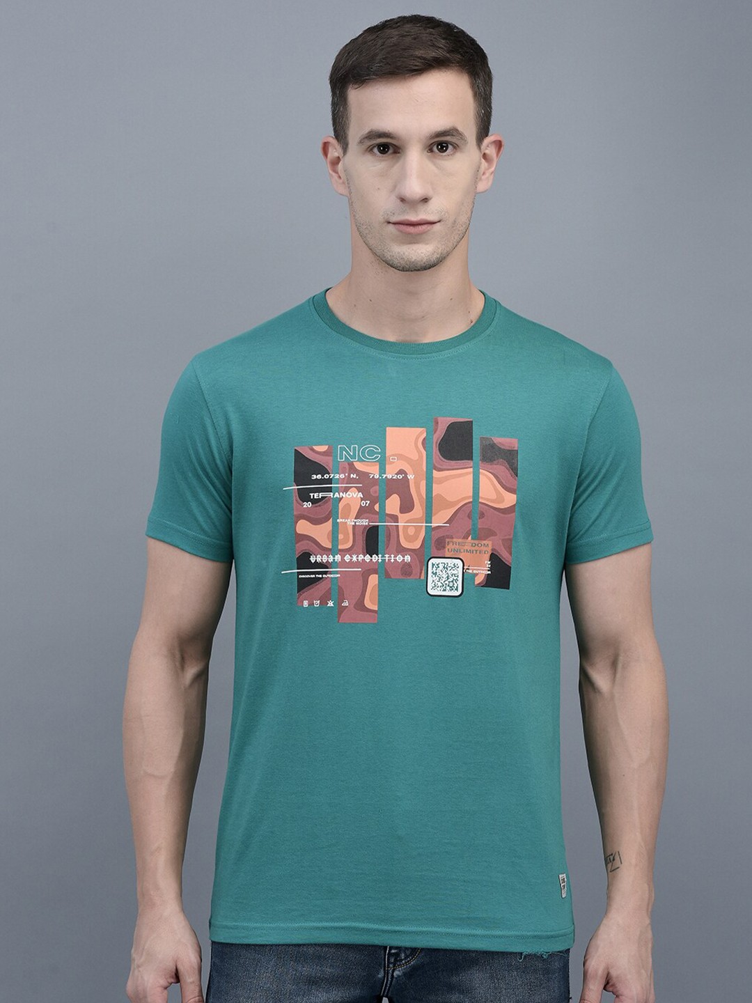 

COBB Abstract Printed Round Neck Cotton Casual T-Shirt, Green